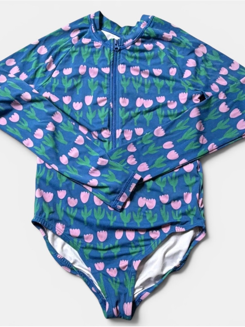 Hanna Andersson Girls Floral Long Sleeve Zip One Piece Swimsuit Blue US 12 Tulip